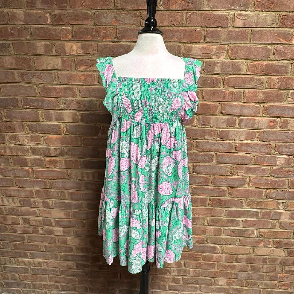 First Love Women’s Green & Pink Floral Flutter Sleeve Dress Sz Medium NEW